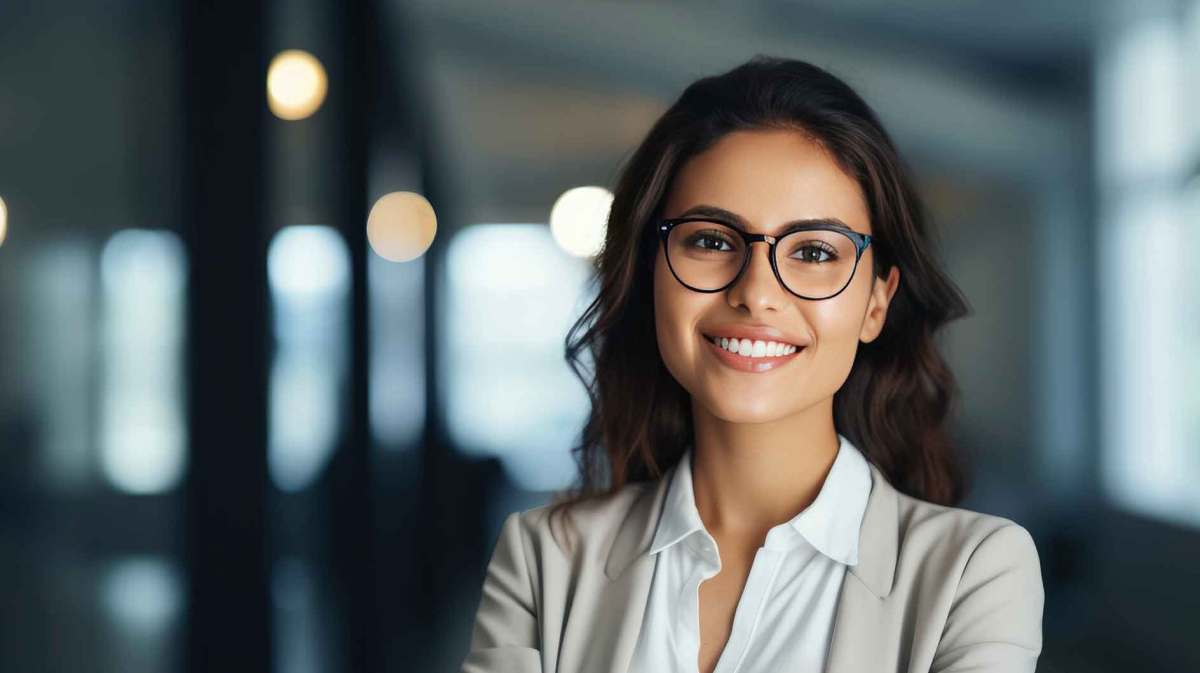 Junge, selbstbewusste Frau mit Brille und braunen Haaren lächelt.