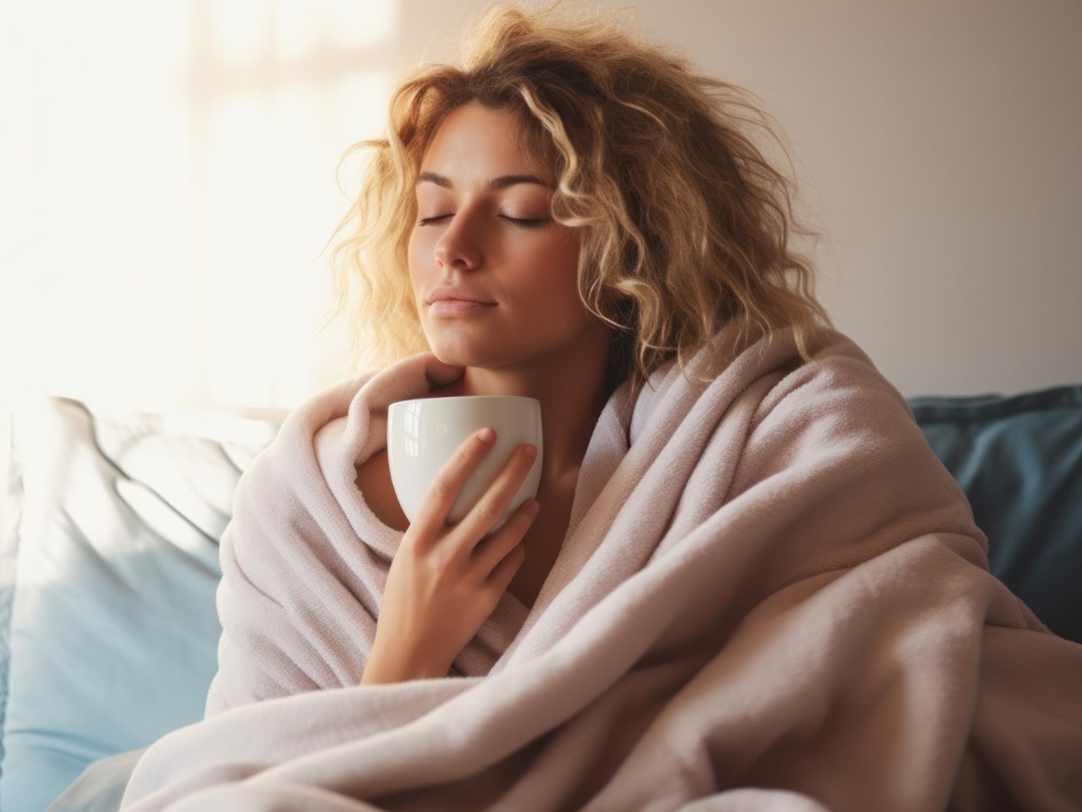 Frau sitzt in Decke eingehüllt und mit einem Tee auf dem Sofa.