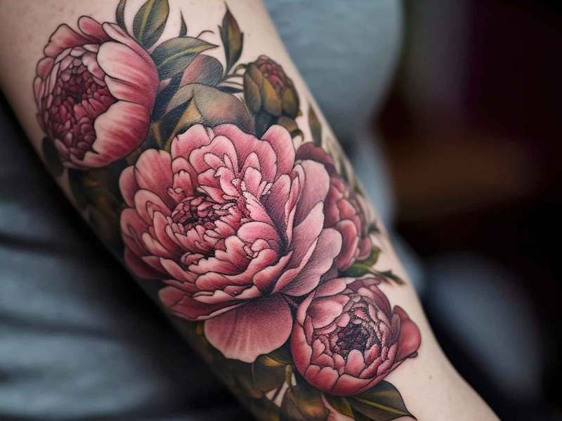 Großes Pfingstrosen-Tattoo auf einem Arm.