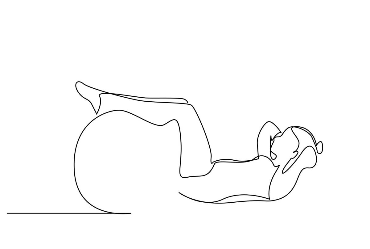 Einfache Linienzeichnung einer Person, die auf dem Rücken liegt, mit angewinkelten Beinen, die auf einem Gymnastikball ruhen.