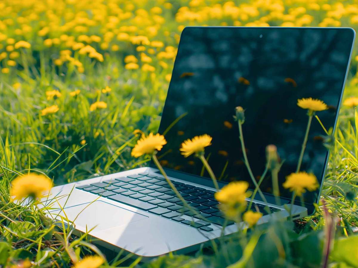 Ein aufgeklappter Laptop steht inmitten einer Wiese mit leuchtend gelben Löwenzahnblüten bei strahlendem Sonnenschein.