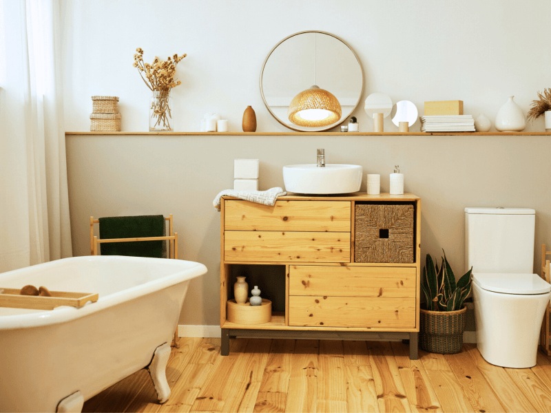 Gemütliches Badezimmer mit Holzmöbeln.