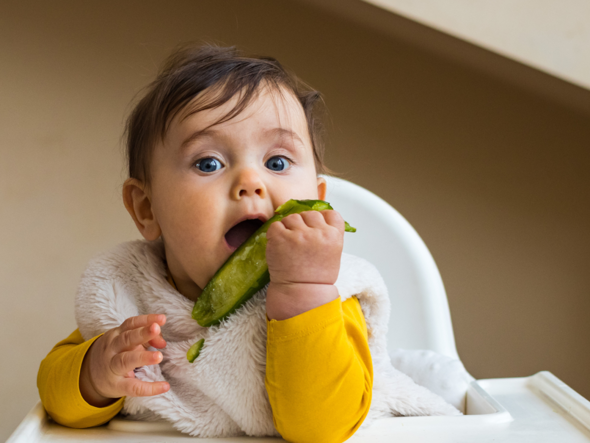Baby sitzt im Hochstuhl und isst etwas weich gekochtes Gemüse