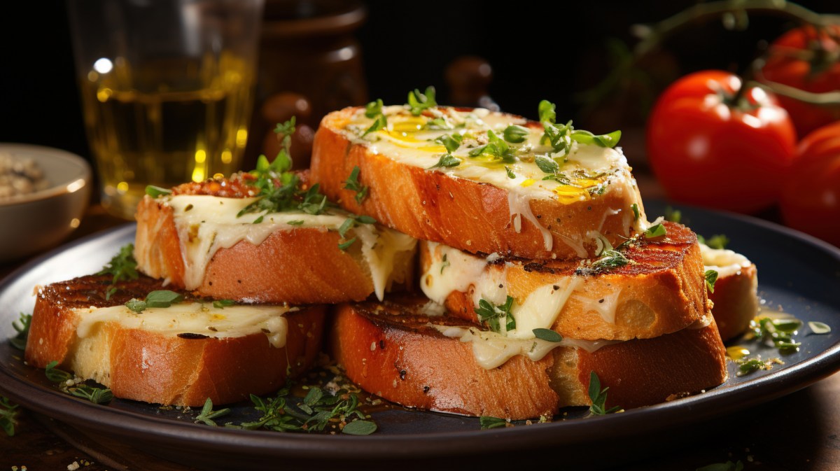 Baguettescheiben mit Käse überbacken auf schwarzem Teller.