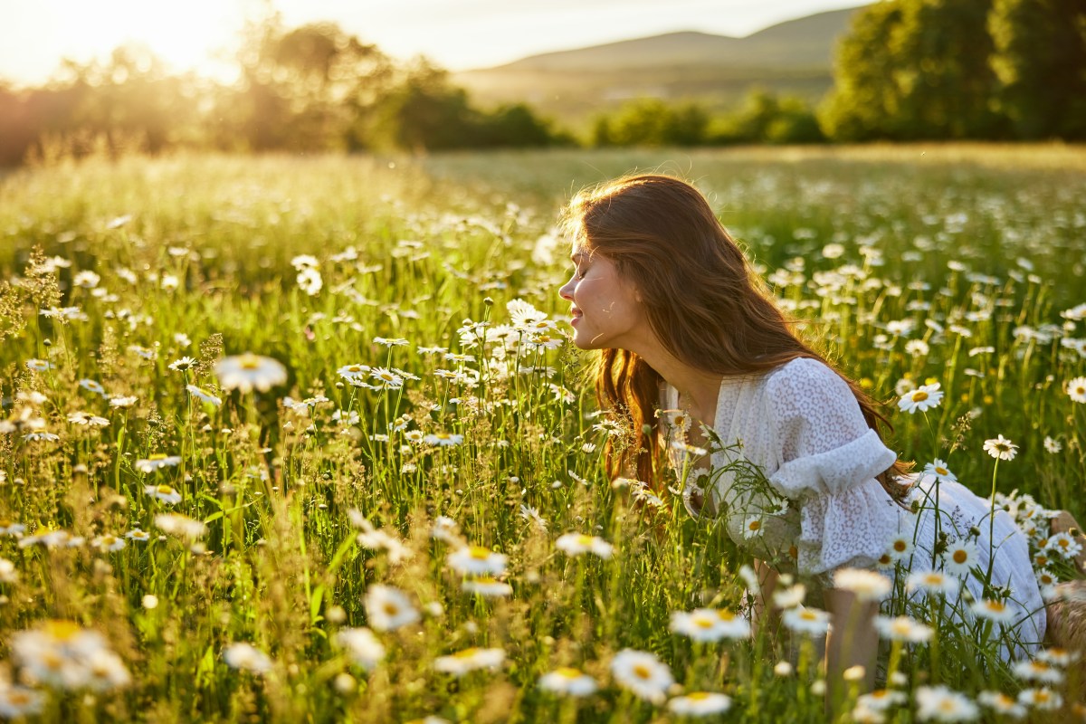 Junge Frau sitzt auf einer Blumenwiese im Sommer.