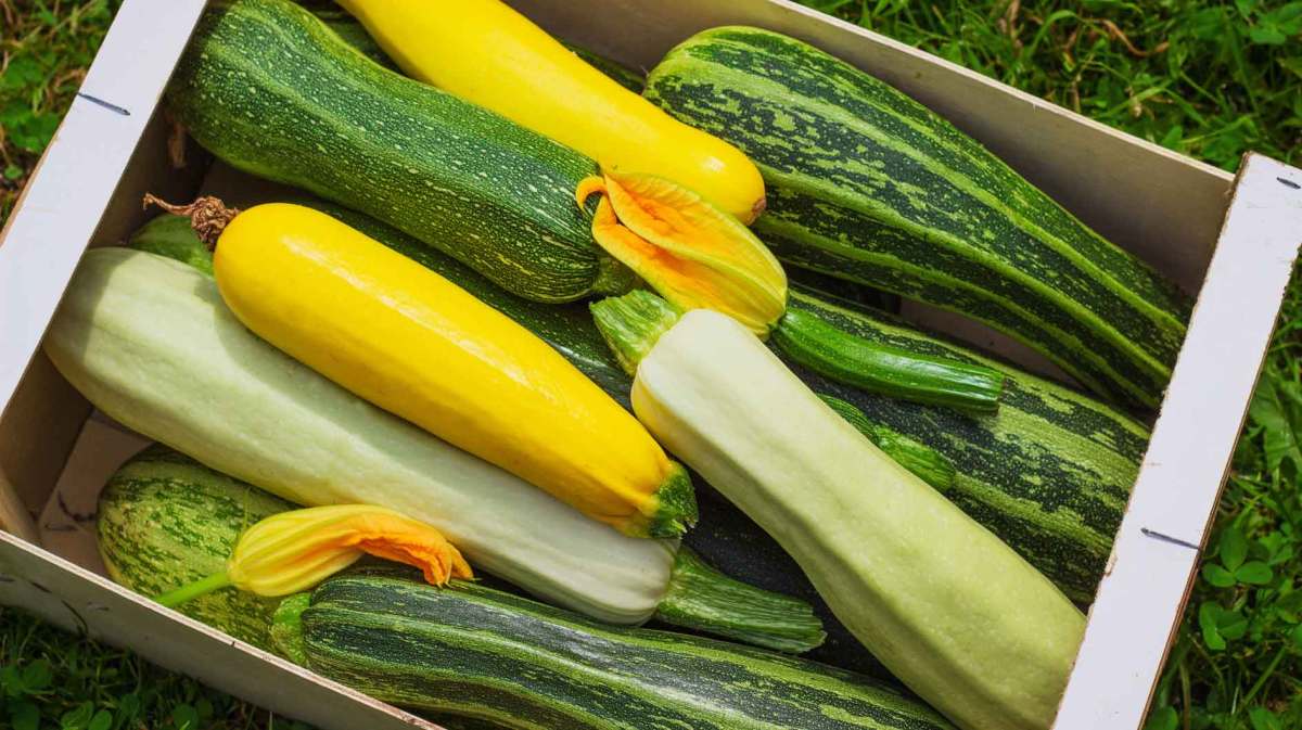 Eine Kiste mit frischen Zucchini in verschiedenen Farben.