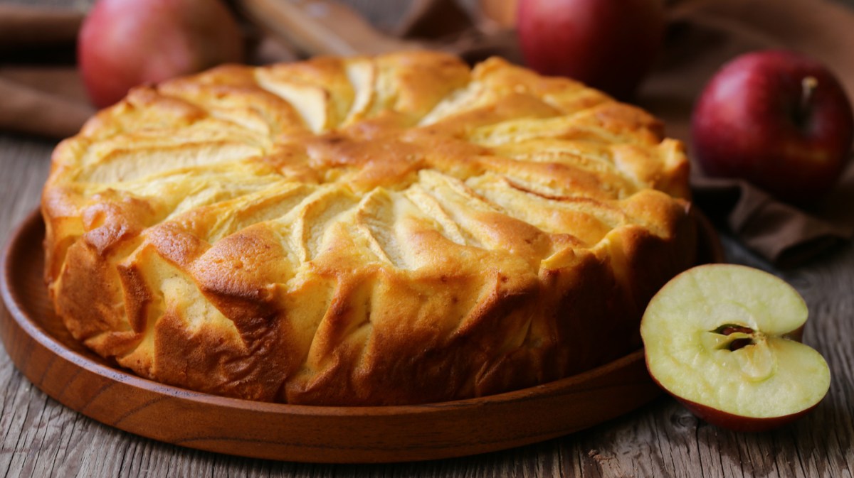 Apfelkuchen auf einem Holzteller.