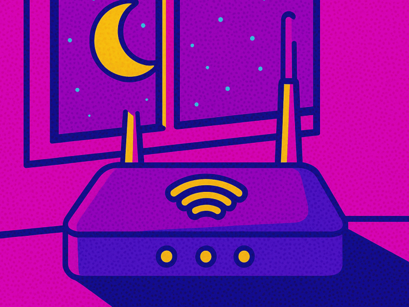 Pop Art Bild eines Routers, vor Fenster mit Mond als Symbolbild für "Router nachts an"