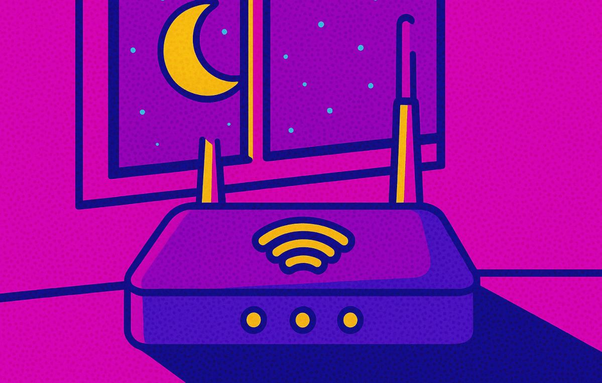 Pop Art Bild eines Routers, vor Fenster mit Mond als Symbolbild für "Router nachts an"