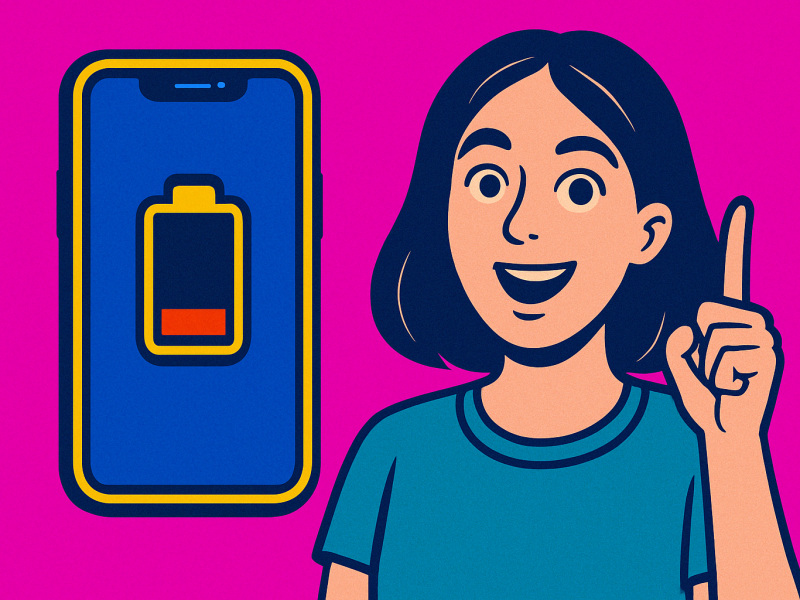 Pop Art Bild von iPhone mit niedrigem Akku und Frau mit fröhlichem Gesichtsausdruck