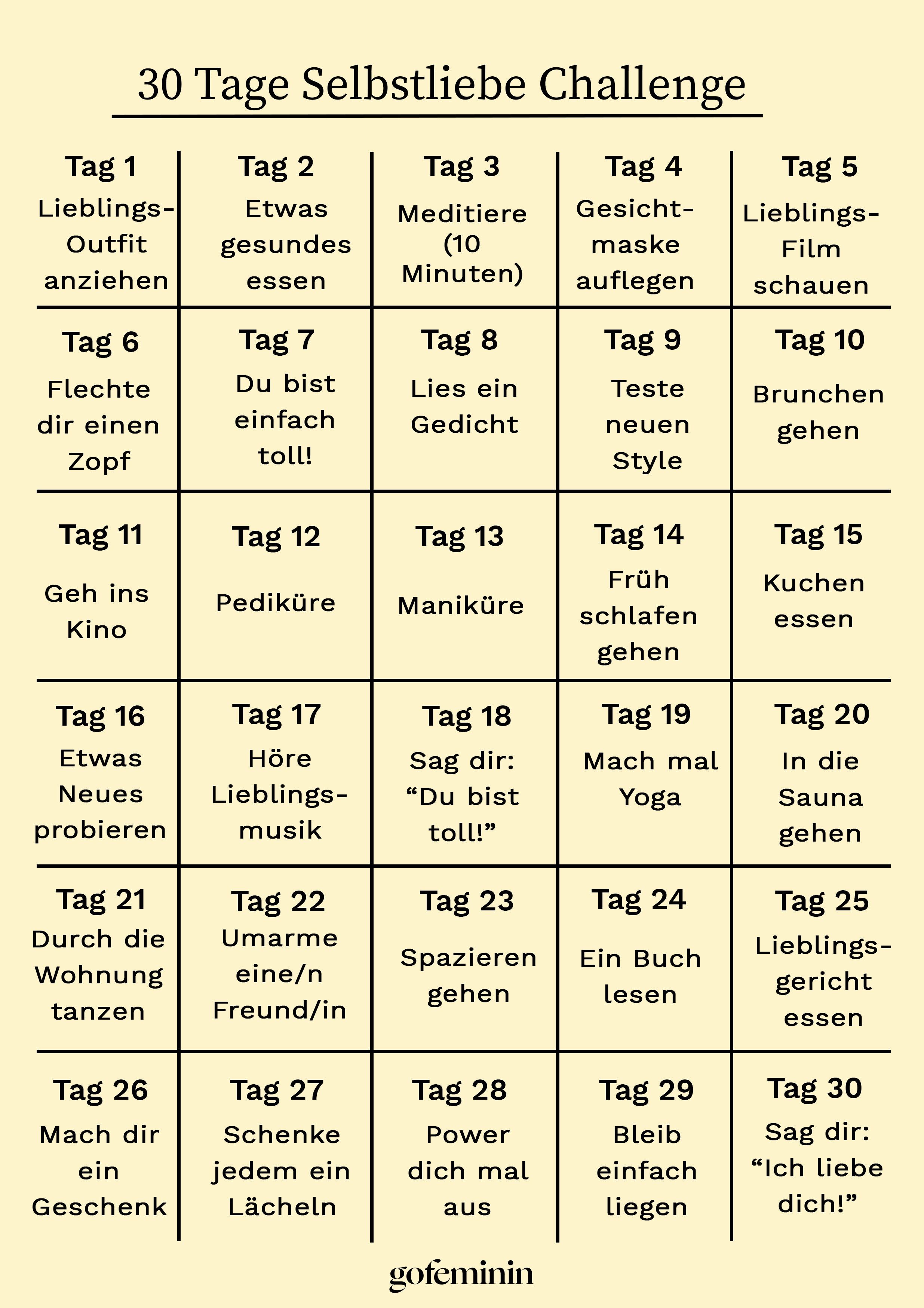 Selbstliebe Challenge zum Ausdrucken Selbstliebe Challenge zum Ausdrucken