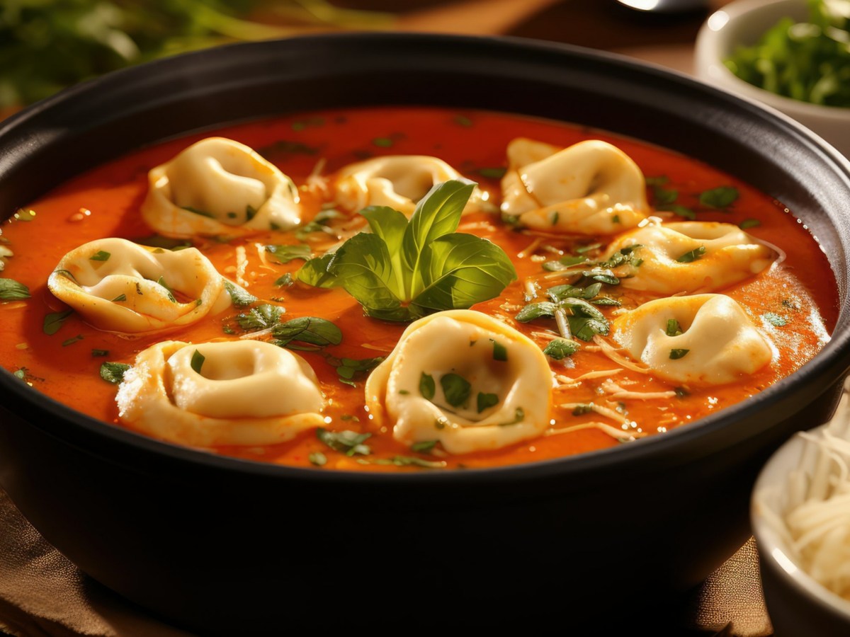 Tomatensuppe mit Tortellini in einer Schüssel angerichtet