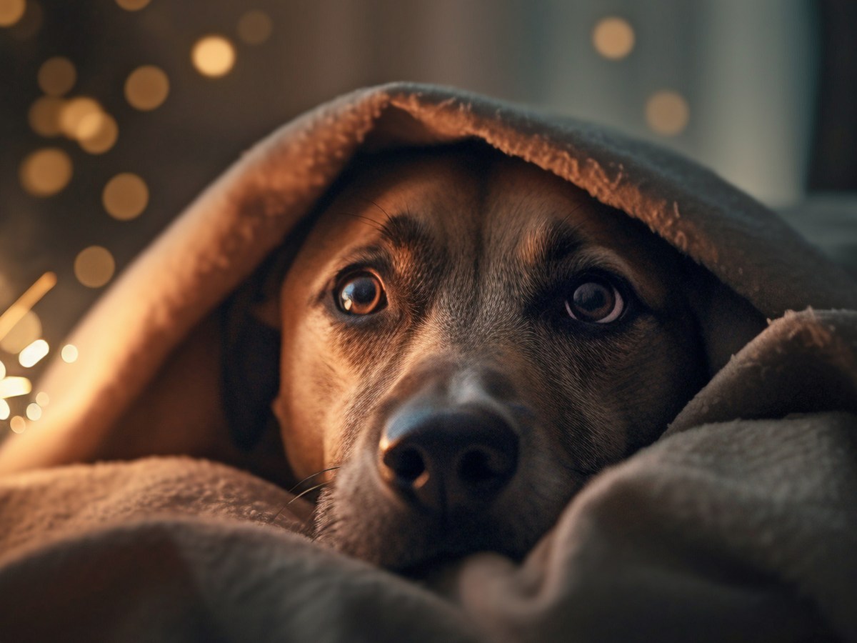 Hund versteckt sich an Silvester unter Decke.