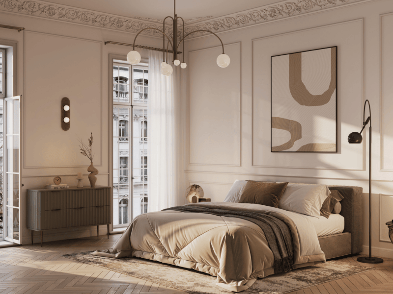 Elegantes Schlafzimmer in neutralen Brauntönen.