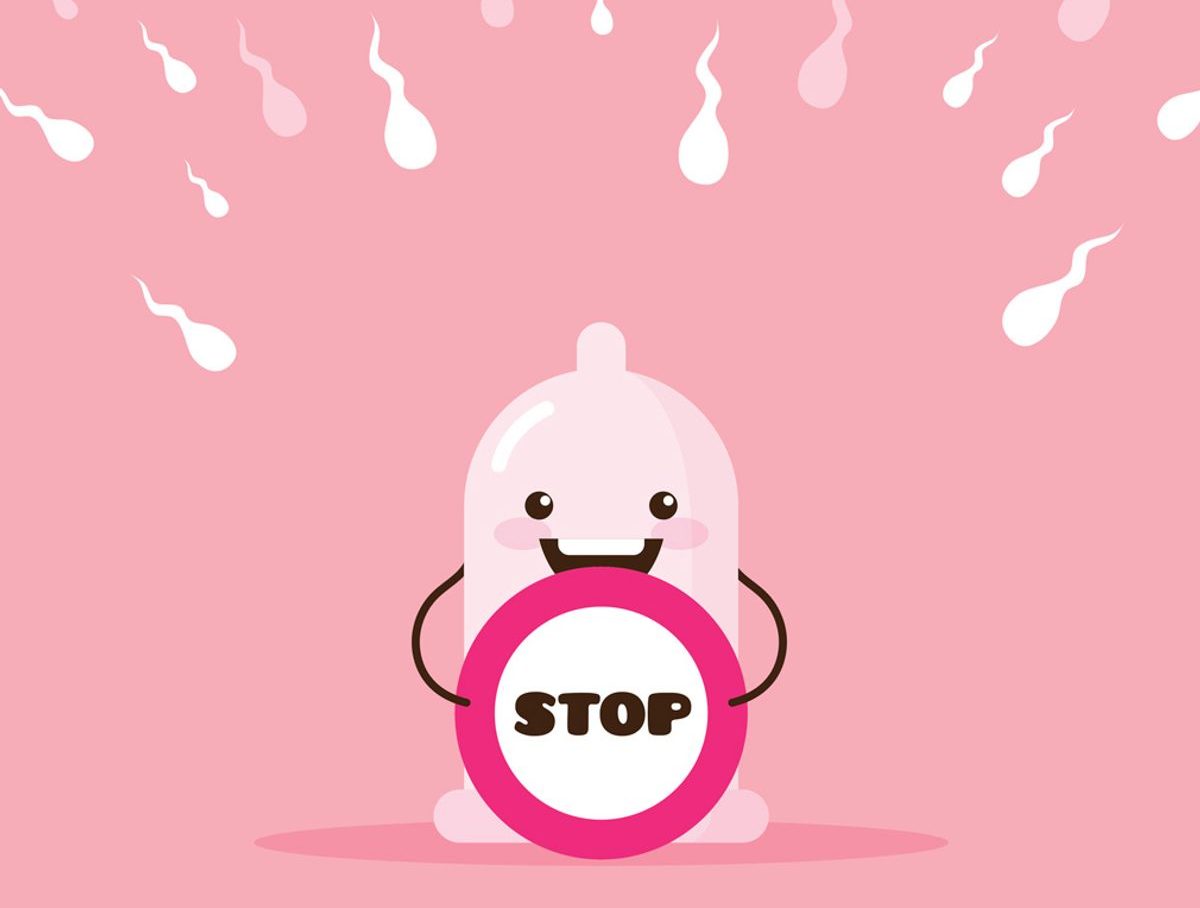 Comicart Grafik eines freundlichen Kondoms, das Sperma abwehrt mit Stopzeichen