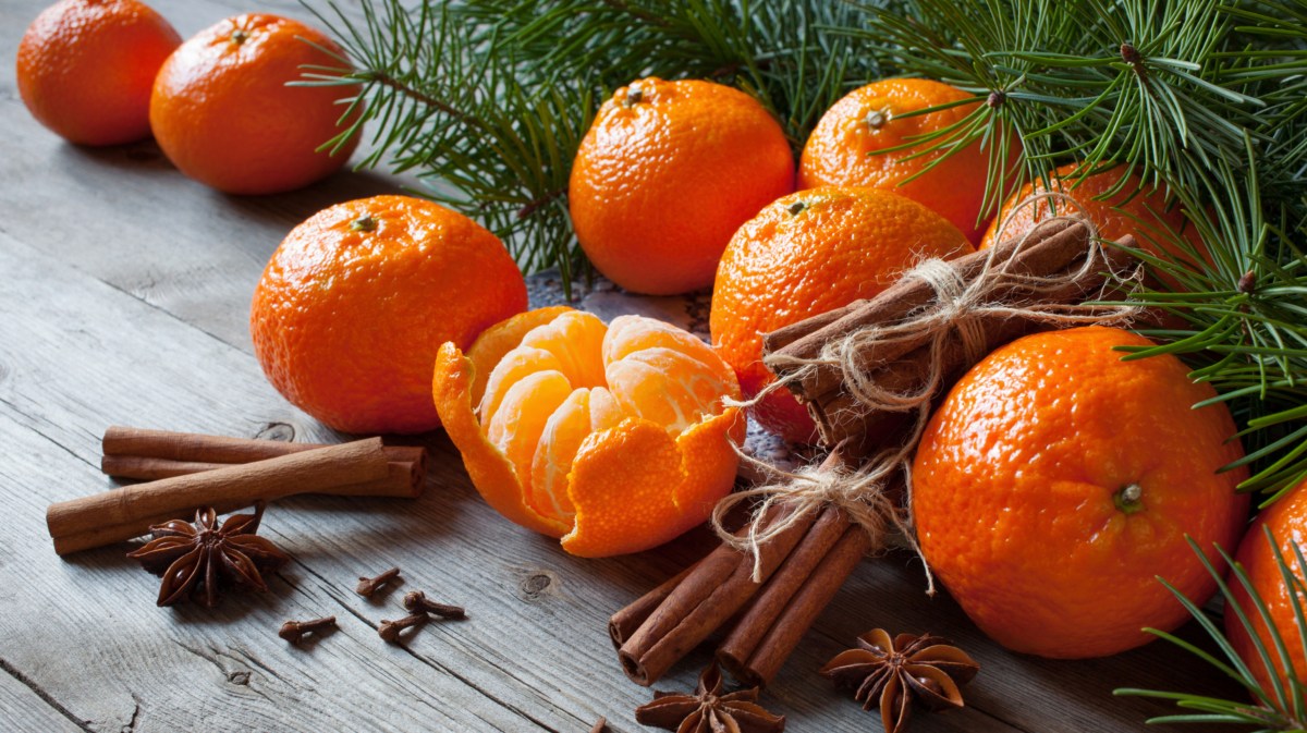 Mandarinen neben Tannengrün und Zimtstangen.