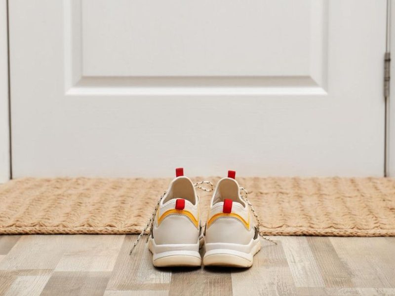 Schuhe stehen auf der Fußmatte vor der Wohnungstüre