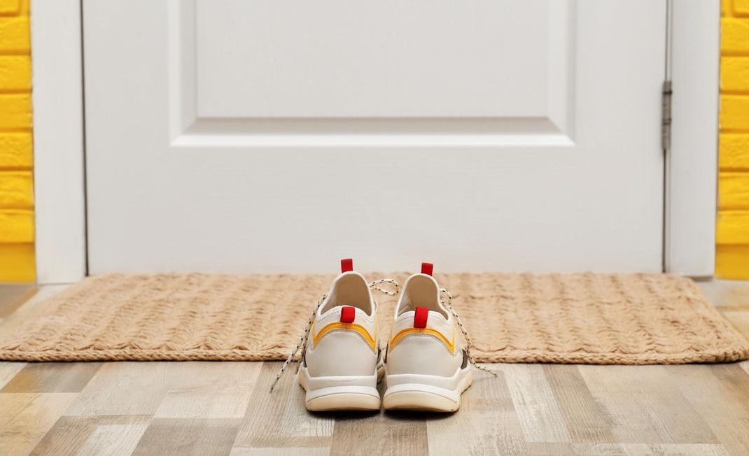 Schuhe stehen auf der Fu&szlig;matte vor der Wohnungst&uuml;re