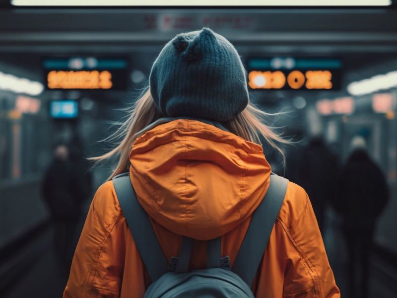 Frau steht vor einer Bahnstation. 