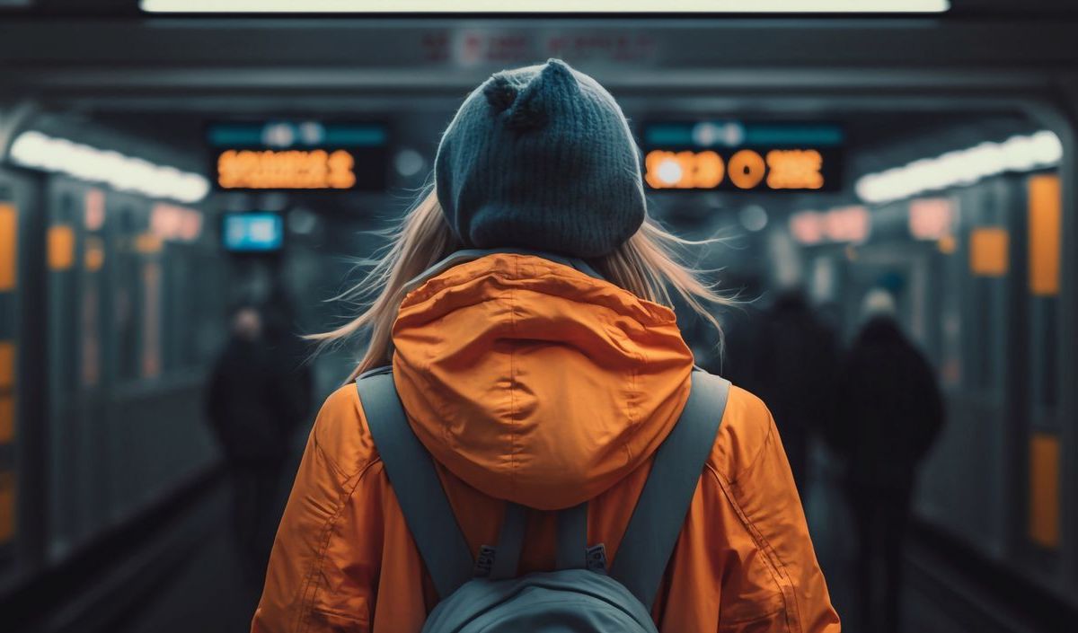 Frau steht vor einer Bahnstation.