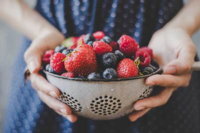 Frische Bio-Beeren. Hände halten frische, saftige Beeren, Nahaufnahme