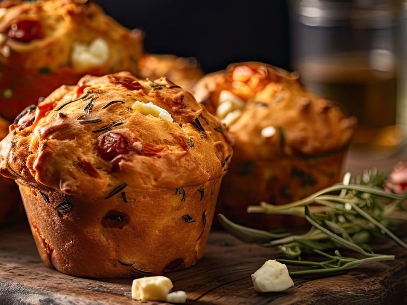 Tomaten-Feta-Muffins auf einem Holzbrett