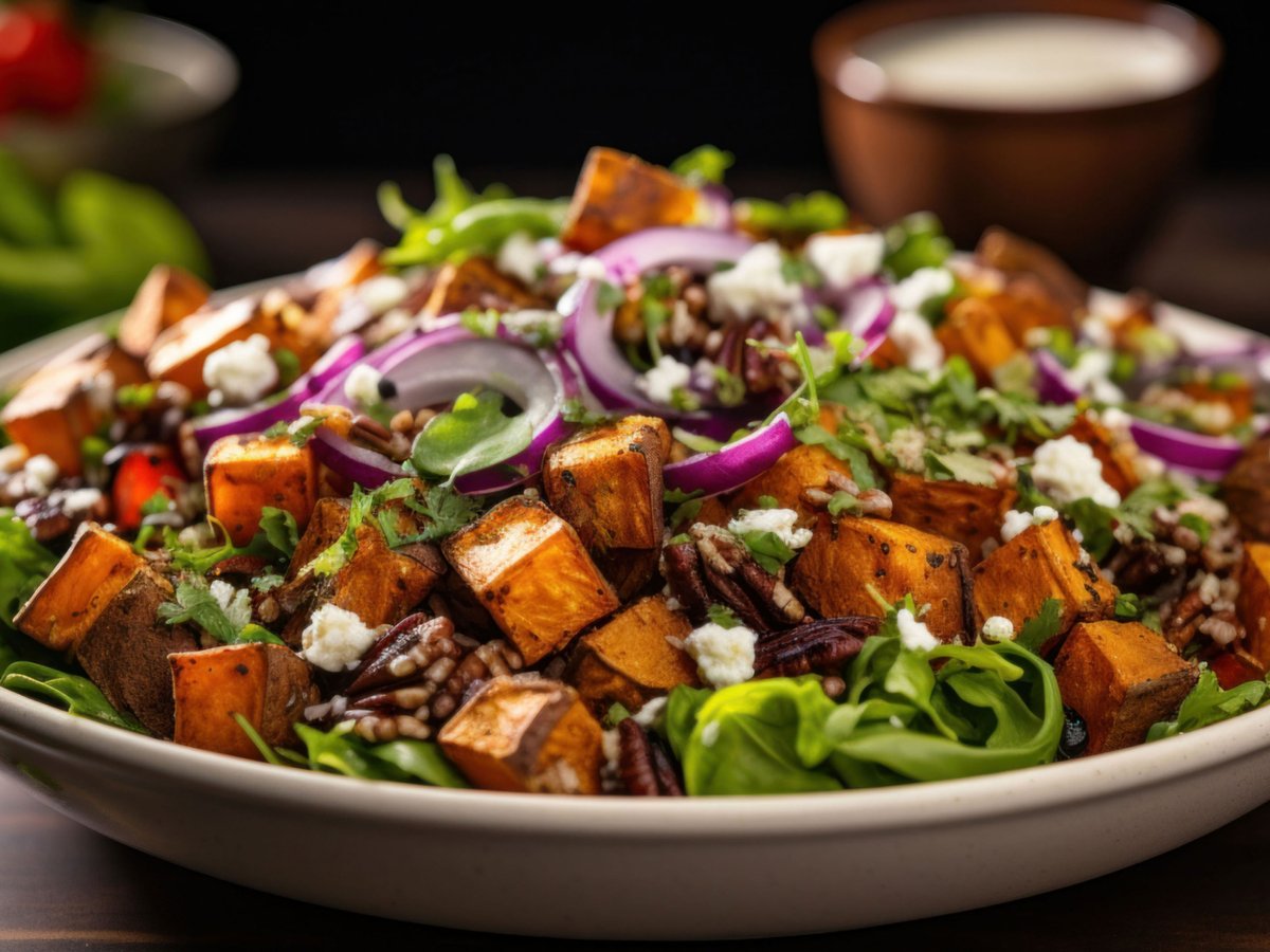 Salat mit Süßkartoffeln, Walnüssen und Zwiebeln.