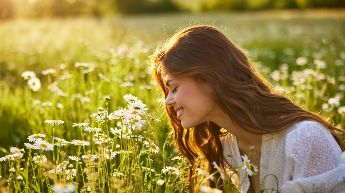 Frau die an Blumen riecht im Sommer