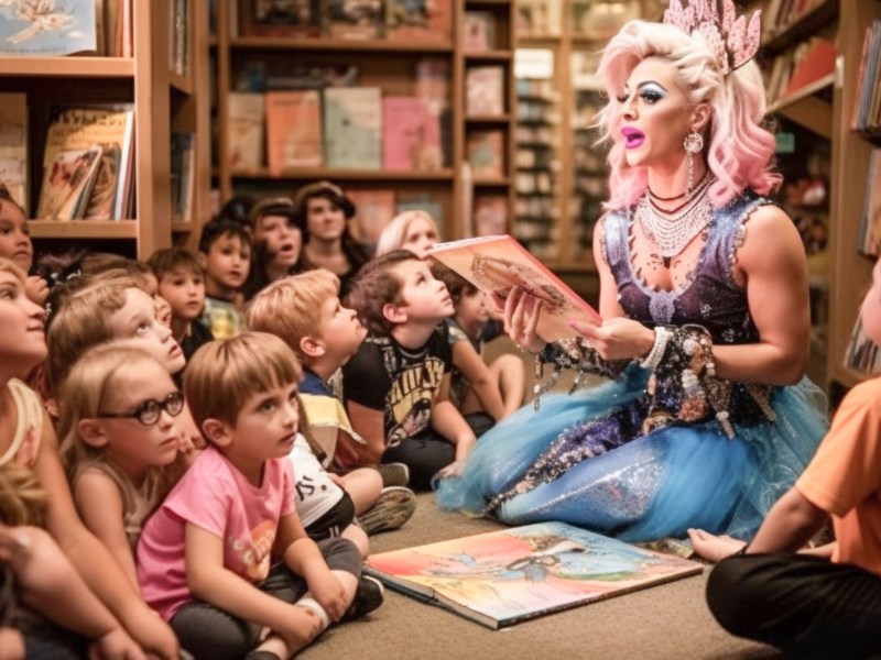 Dragqueen liest Kindern in einer Bibliothek ein Buch vor