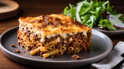 Auflauf mit Nudeln, Hackfleisch und Bechamel auf Teller.