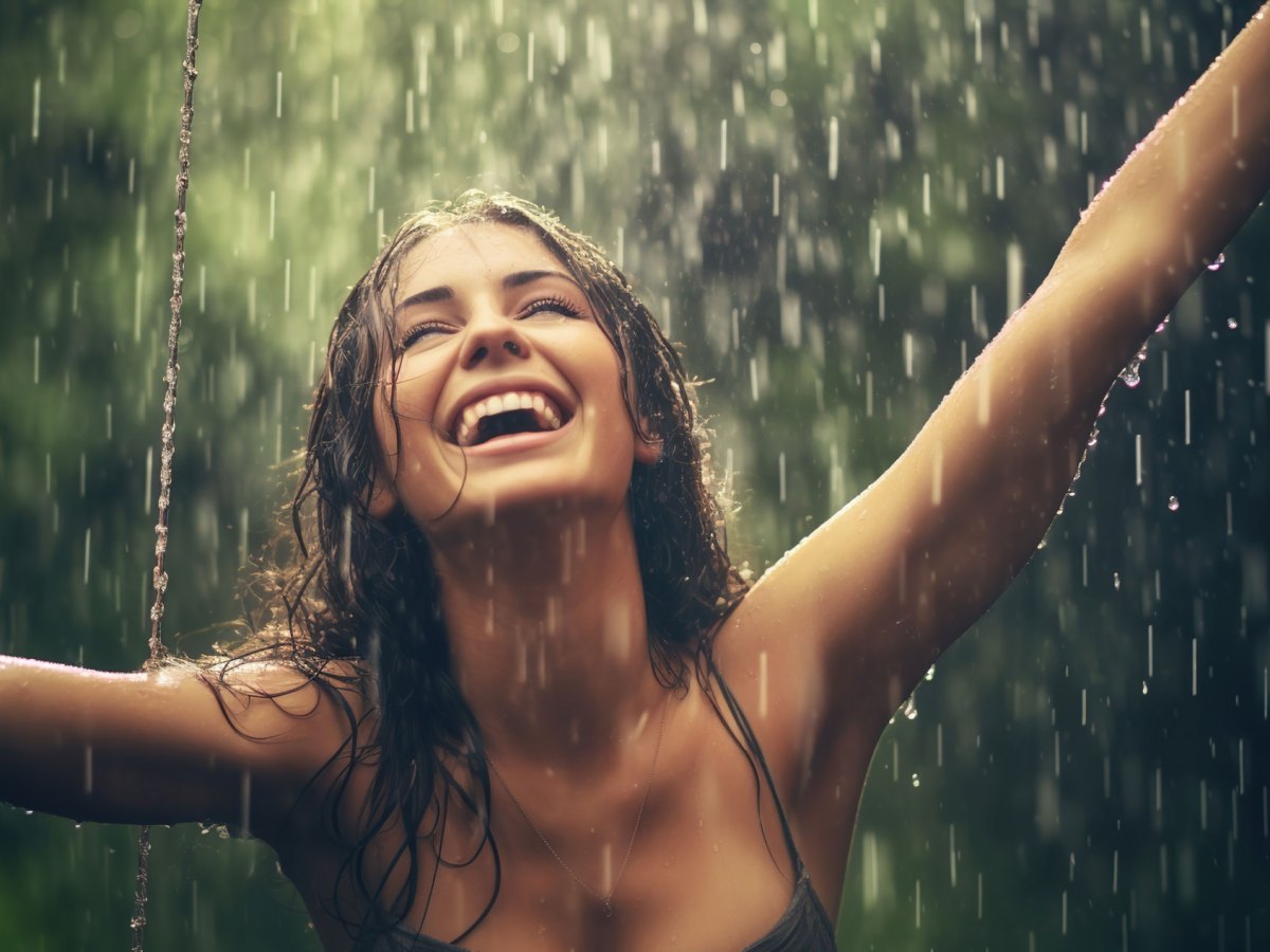Frau im Sommerregen