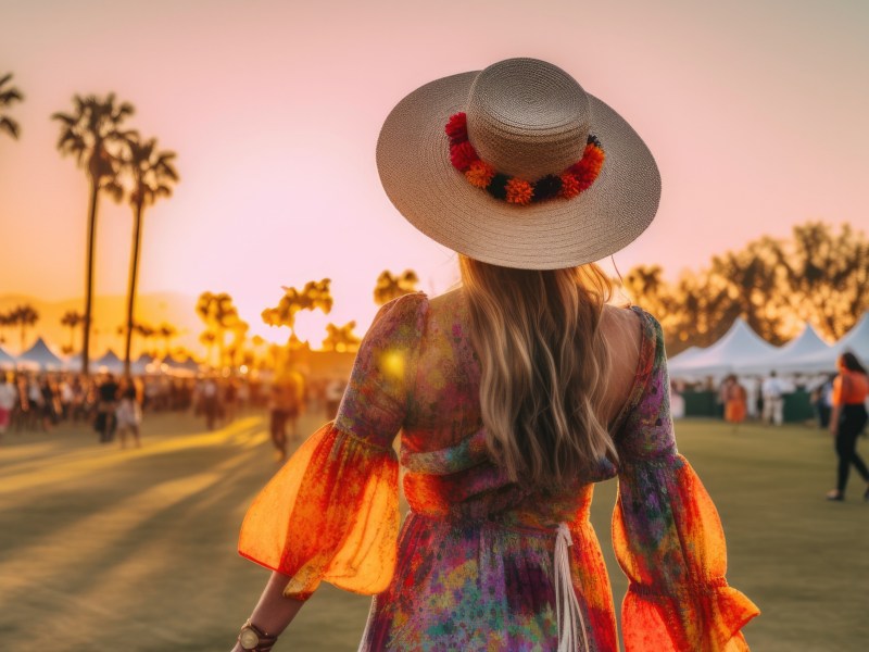 Frau bei Coachella in bunten Outfit mit Hut