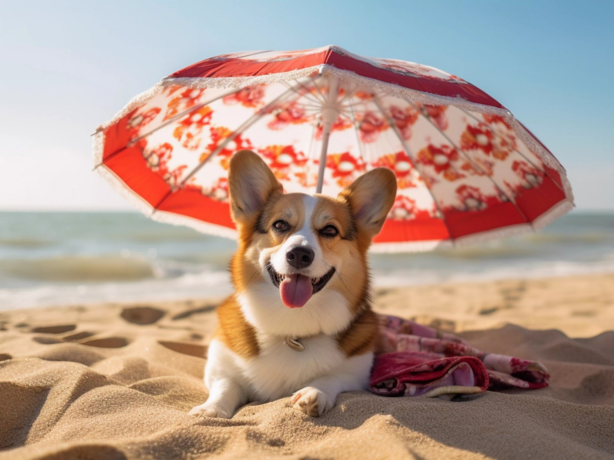 Corgi am Strand, der Schutz vor der Sonne sucht.