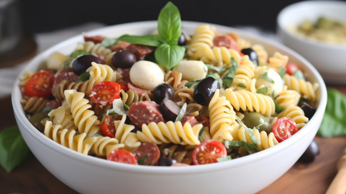 Nudelsalat mit Oliven, Tomaten und Mozzarella.