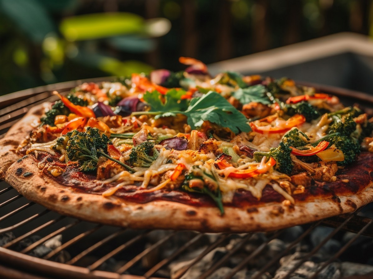 Pizza vom Grill belegt mit Kräutern, Käse und Gemüse.