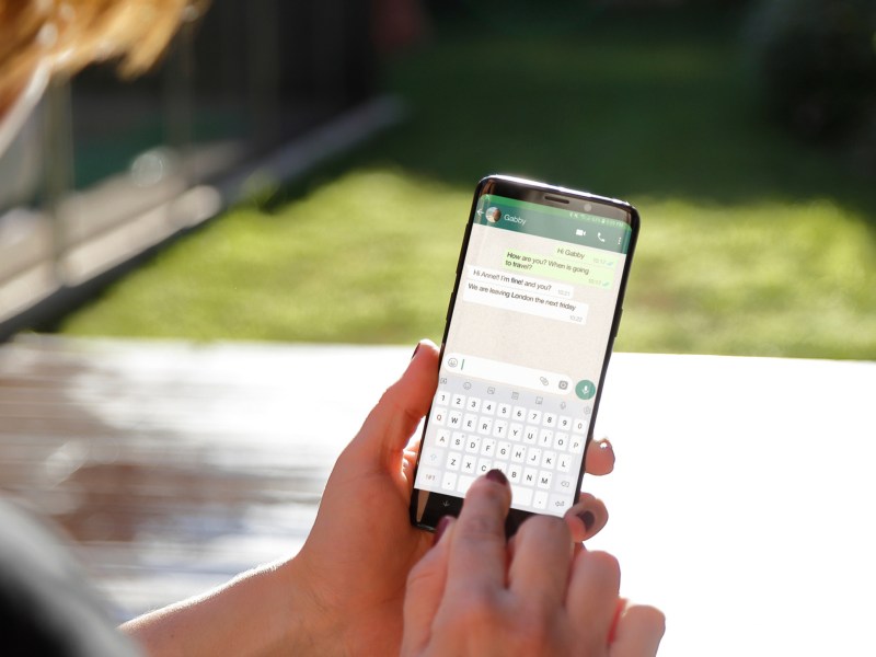 Frau draußen im Garten am Handy, die WhatsApp Chat schreibt