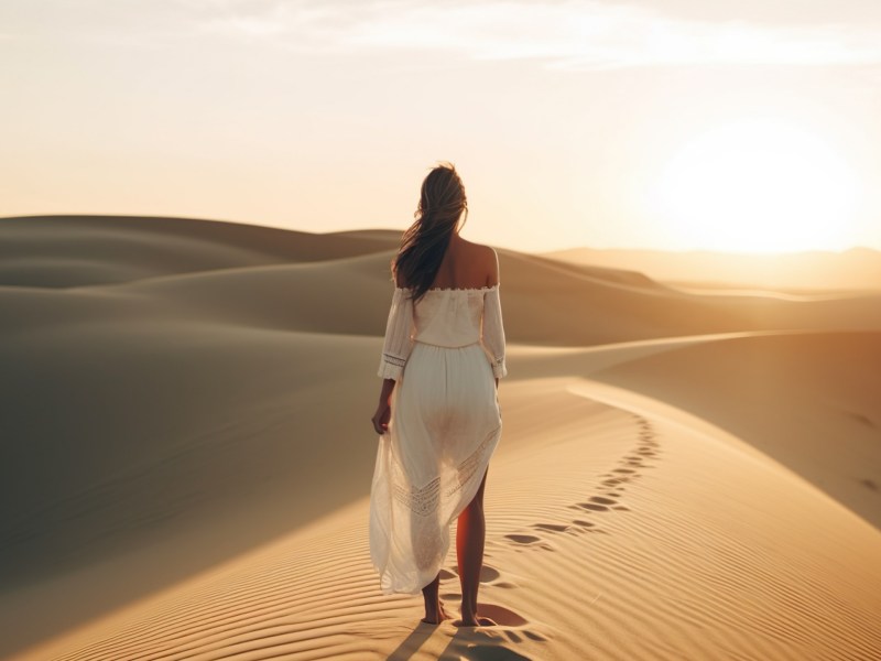 Frau in Wüste beim Sonnenuntergang in weißem Kleid