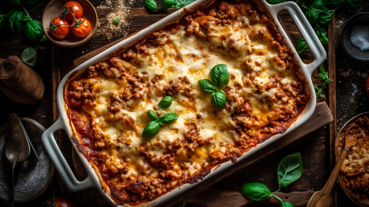 Nudelauflauf mit Hackfleisch und Käse in Auflaufform.