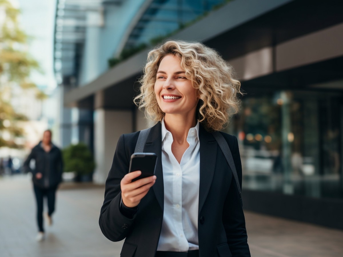 Arbeitnehmerin verlässt das Büro nach ihrem Feierabend und hat ihr Handy in der Hand.