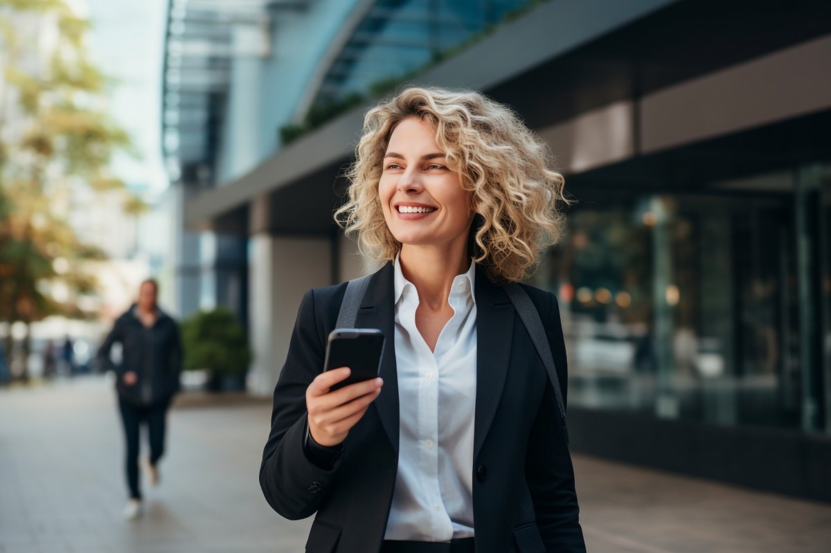 Arbeitnehmerin verlässt das Büro nach ihrem Feierabend und hat ihr Handy in der Hand.