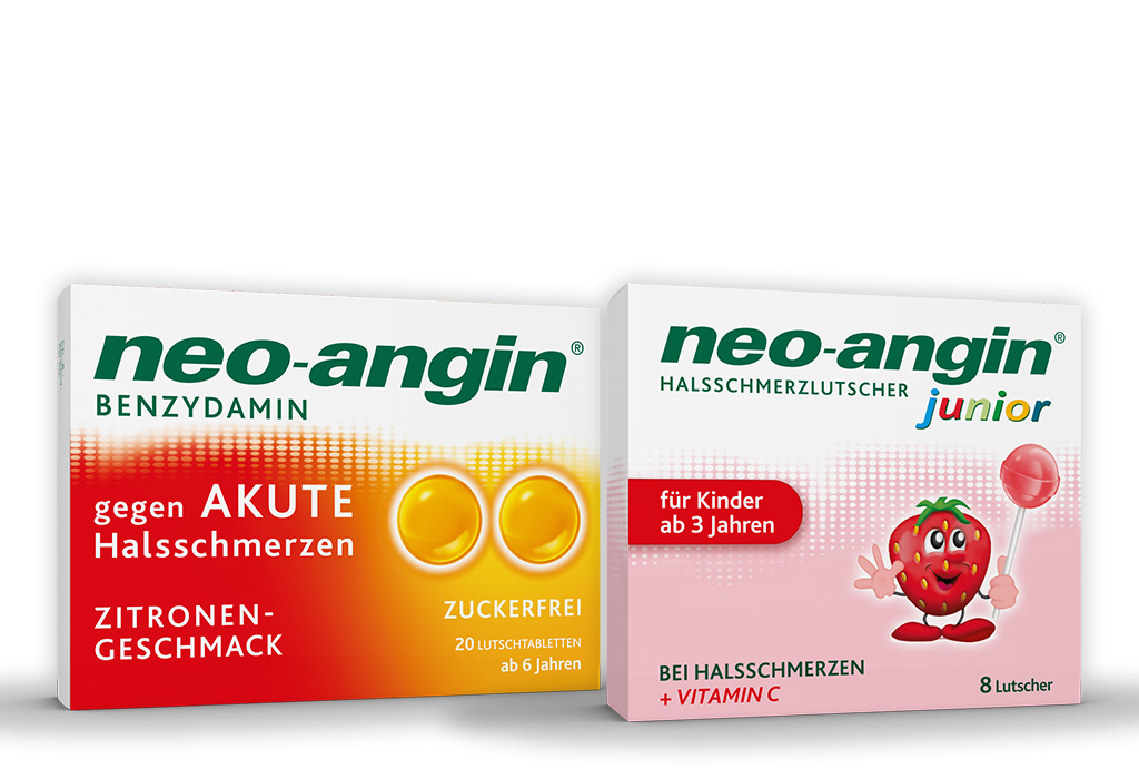 Neo angin Halsschmerztabletten und neo anign Junior Lutscher Packshots auf weißem Hintergrund.