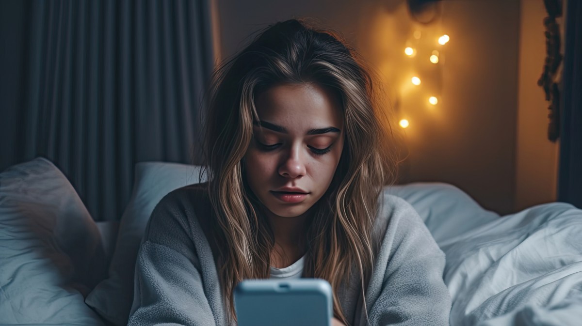 Frau schaut traurig auf ihren Handy Bildschirm, während sie im Bett zwischen Kissen und Decke sitzt