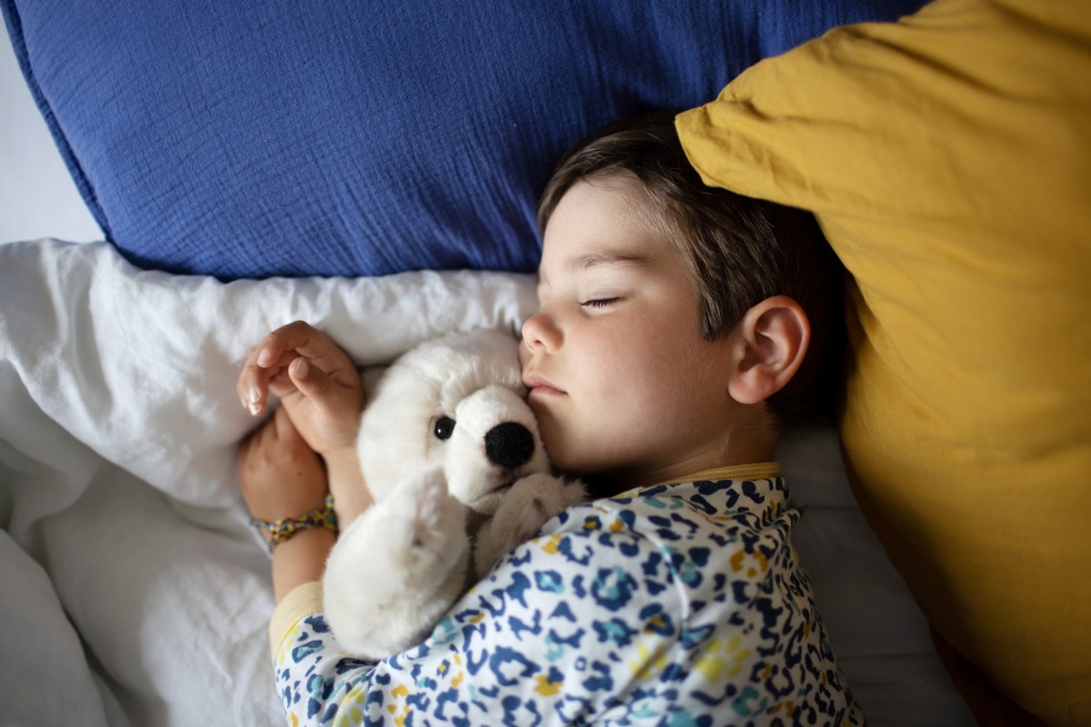 Kind, vermutlich Erstklässler, liegt schlafend im Bett mit Teddy im Arm.