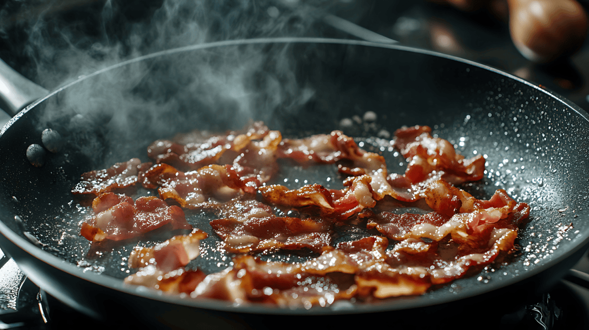Bacon wird in einer Pfanne angebraten.