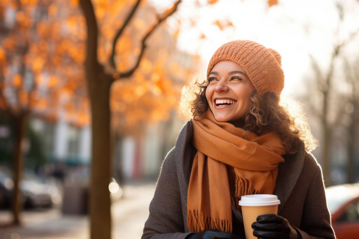 Frau, die einen Herbst-Spaziergang macht