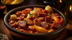 Eintopf mit Kartoffeln, Wurst und Paprika.