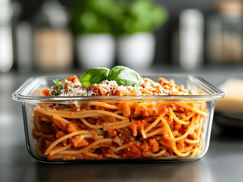Gekochte Spaghetti Bolognese in einem Glasbeh&auml;lter.