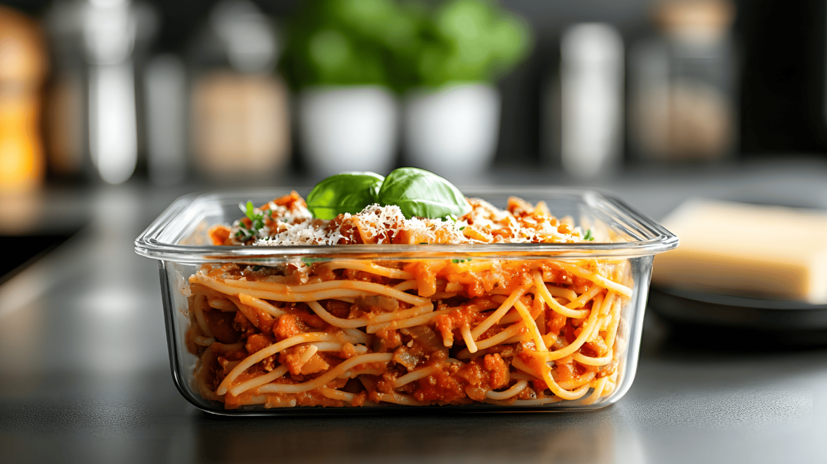 Gekochte Spaghetti Bolognese in einem Glasbehälter.