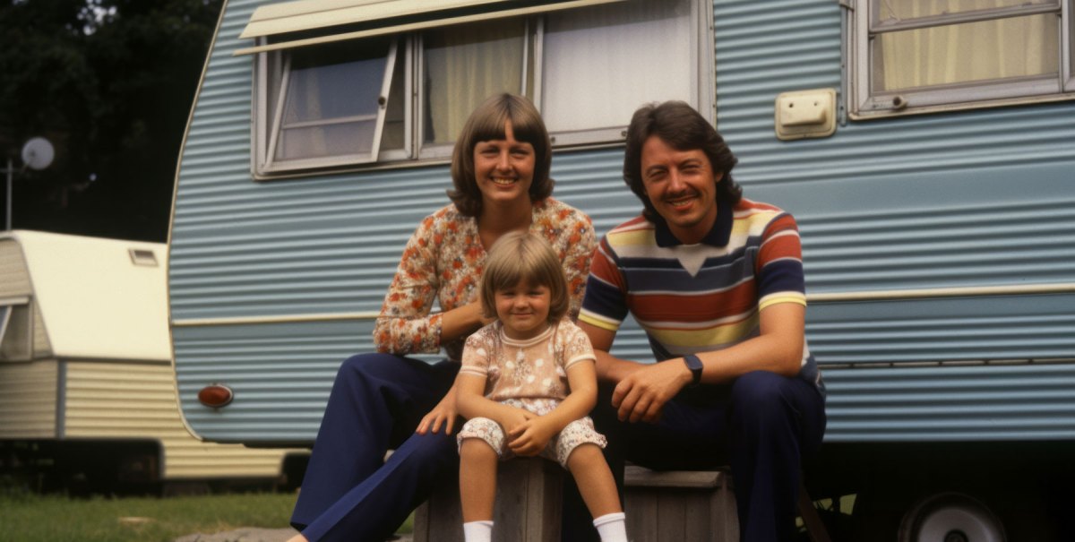 Vintage Foto einer Familie aus den Siebzigern, Mutter, Vater mit Tochter vor Campingwagen