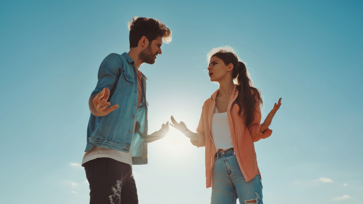 Frau und Mann vor blauem Himmeln, die miteinander diskutieren.